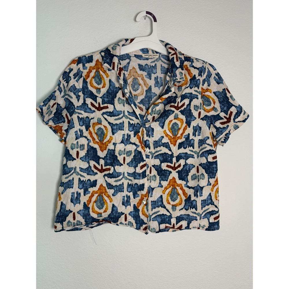 Christian Siriano New York Blue Orange Ikat Print Button Down Shirt‎ Womens M